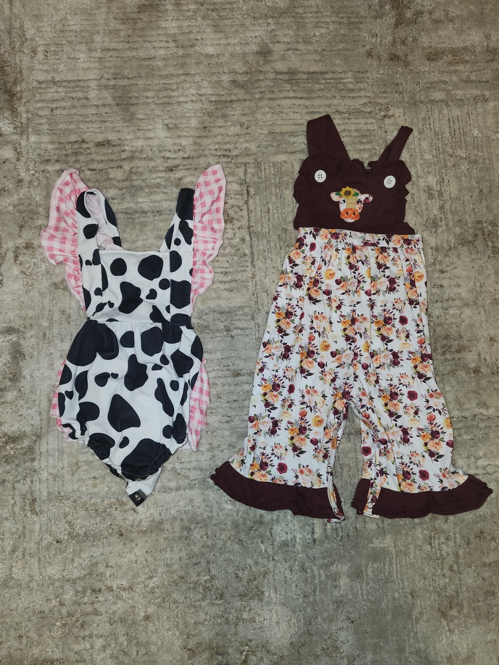 Brown Floral Ruffle Overalls/ Black/white Cowprint for Girls - Cute Fall♡
